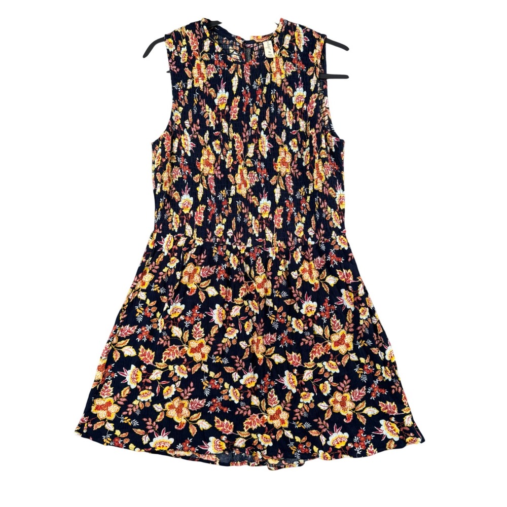 Bebop Women's XL Smocked Floral Mini Dress‎ Sleeveless Navy Yellow Red
